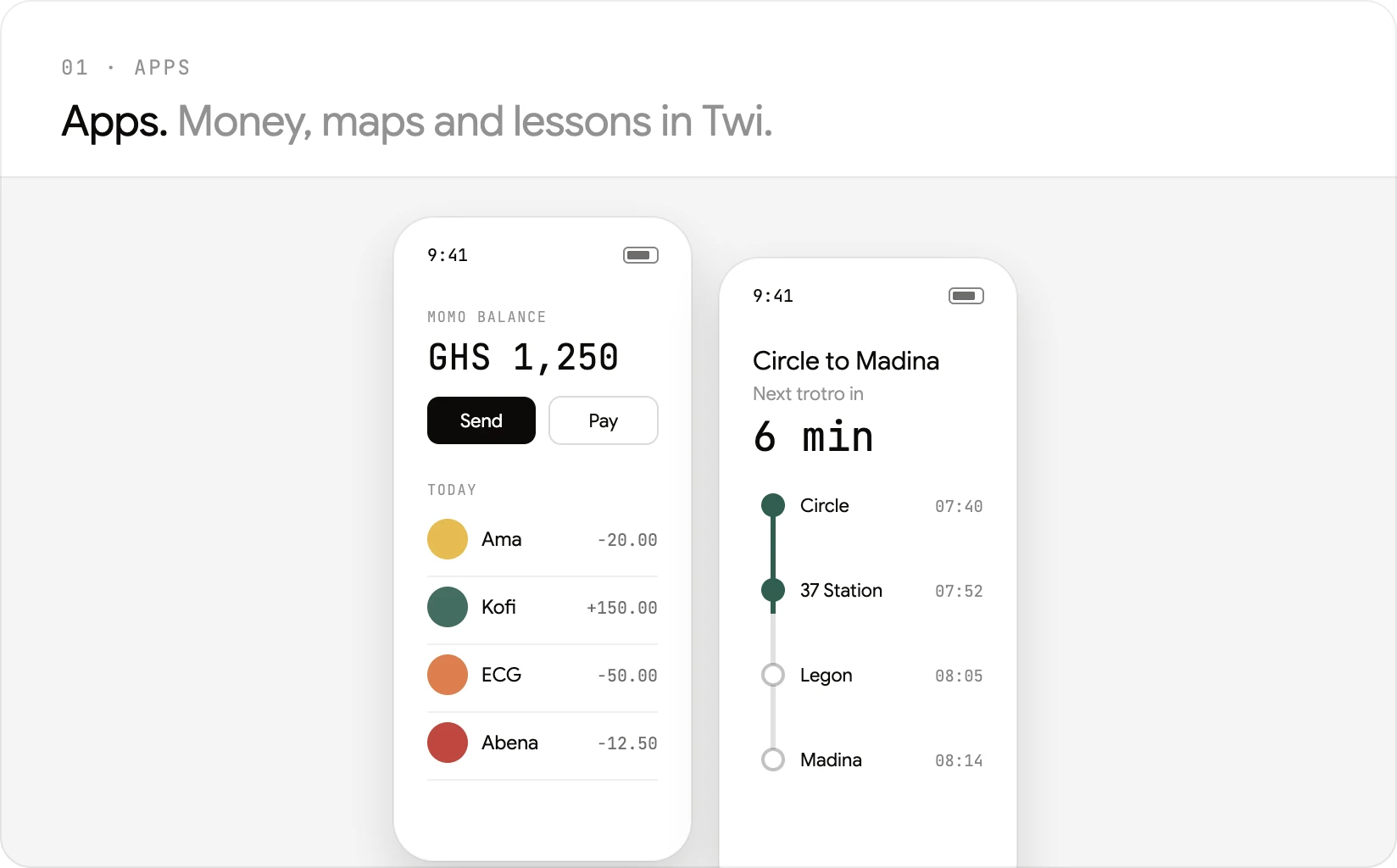 Two phone screens: a mobile money balance and a trotro route from Circle to Madina.