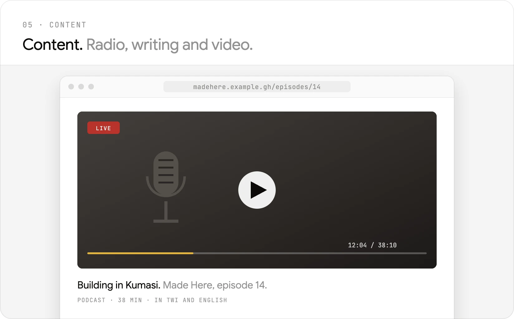 A podcast episode, Building in Kumasi, playing in a video player.