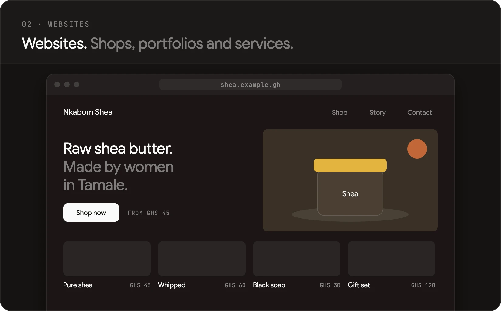 A shea butter shop’s website in a browser window.